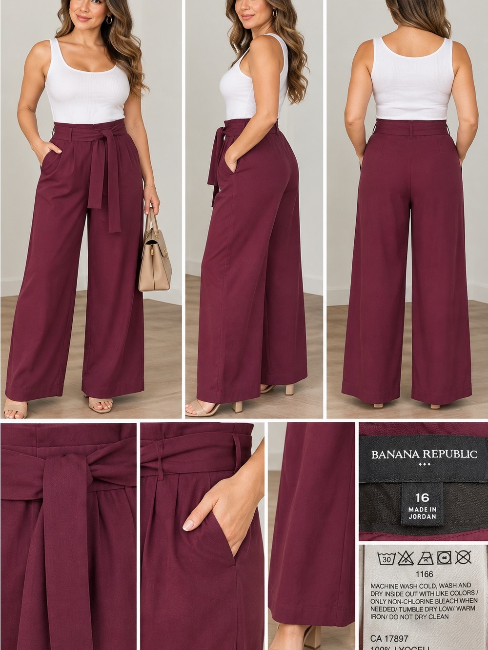Banana Republic Factory Wide-Leg Tie-Waist Pants in Burgundy